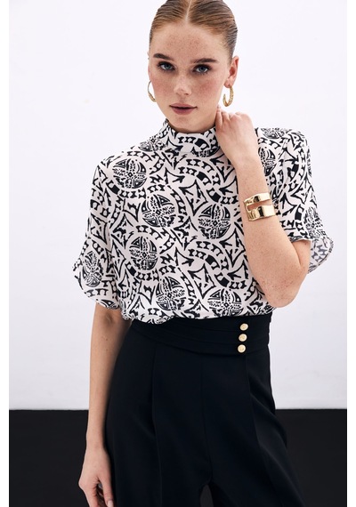 Sateen Kısa Kol Desenli Bluz - Ekru-135900 Ekru
