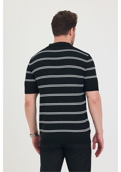 Cool Tarz Erkek Polo Yaka Beyaz Çift Çizgi Detaylı Siyah Triko T-shirt Siyah Siyah