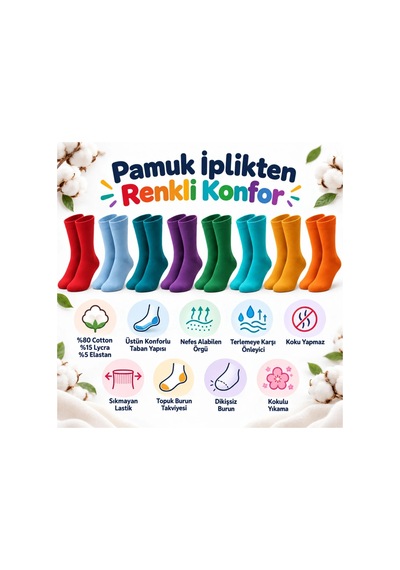 Womanandkids Wak Unisex Renkli Çorap 8'li Set Günlük Rahat Esnek Uzun Soket Çorap Canlı Renkler Yumuşak Konforlu Seti Çok  Renkli
