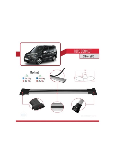 Ford Connect 2014-2021 Arası İle Uyumlu Fly Model Ara Atkı Tavan Barı Gri 3 Adet Bar