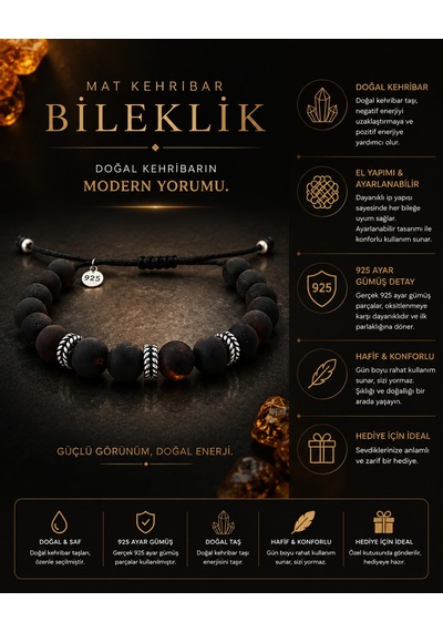 Mat Siyah Kehribar Doğal Taşlı 8mm - 925 Ayar Gümüş Detaylı Makrome Erkek Bileklik Hediye Kutulu