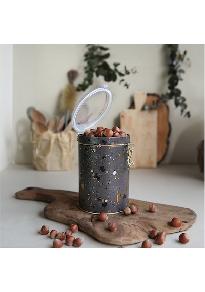 Terrazzo Brown Desenli Kilitli Kapaklı Yuvarlak Metal Kutu, 10.5 X 15 Cm, 1.1 Lt
