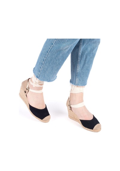 Star Tombis Gerçek Elişi Siyah Ipli Dolgu Topuk Keten Espadril Handmade Siyah