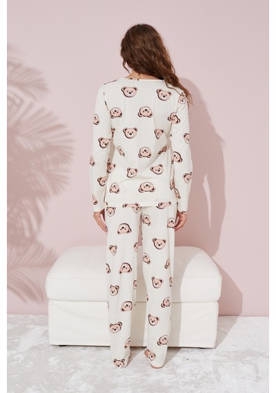Siyah İnci Örme Pijama Takım 7781 Krem Ayıcık