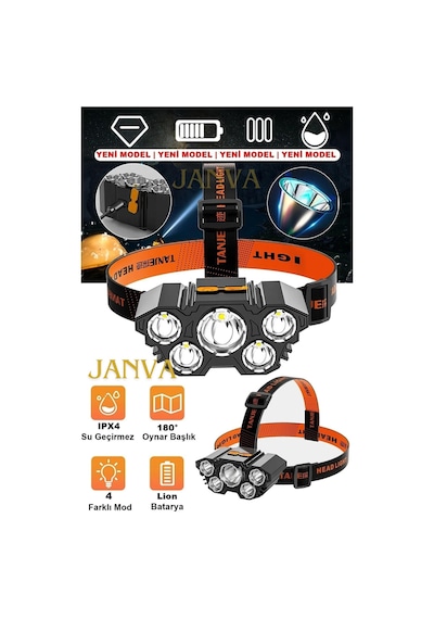 Çok Fonksiyonlu 5 Led Şarjlı Ultra Güçlü Kafa Lambası Feneri Ipx5 Su Geçirmez Litym Lion Batarya X5 Diğer