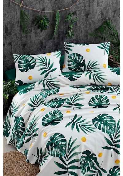 Eponj Home Doğal Pike Baskılı Çift Kişilik Monstera Yeşil Yeşil