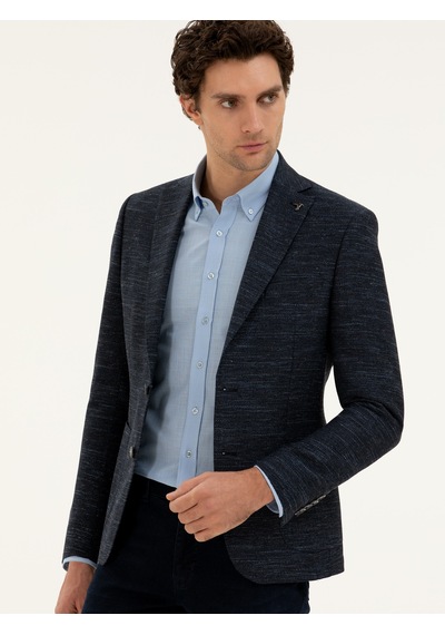 Cacharel Lacivert Slim Fit Yün Keten Karışımlı Ceket
