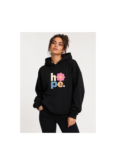 Herkesemoda Hope Çiçek Baskılı Kapüşonlu 2 İplik Şardonlu Sweatshirt Siyah