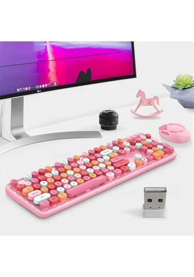 Renkli Daktilo Tarzı Vintage Mekanik Klavye Mouse Pc Laptop Uyumlu Kablosuz