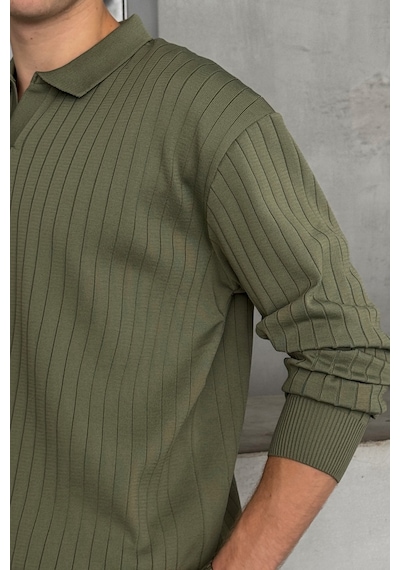 Erkek Polo Yaka Fitilli Oversize Triko Kazak Haki