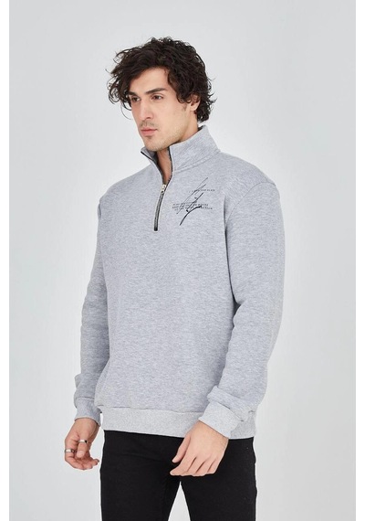 Barlashive Erkek Yarım Fermuarlı Baskılı 3 İplik Pamuklu Sweatshirt - Gri Çok Renkli