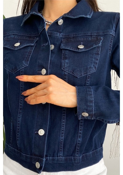 Femelle Kadın Sırtı Püsküllü Tasarım Denim Kot Ceket mavi