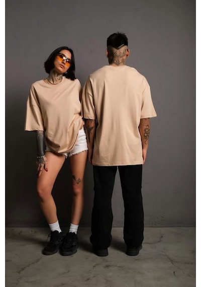 Erkek 24/1 Düz A Kalite Oversize T-shirt - Bej Bej
