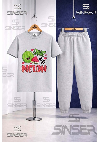 Ss Sinser Çocuk Karpuz One Melon Yazılı Baskılı Tişort Eşofman Takımı Gri