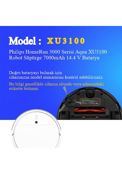 Philips Homerun 3000 Serisi Aqua Xu3100 Robot Süpürge 7000mah 14.4 V Batarya  Uyumlu Uzun Ömürlü, Yüksek Performans Pil