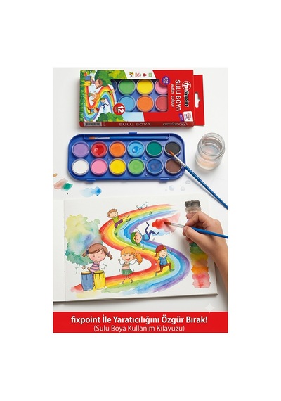 12 Renk Sulu Boya 28mm 1 Paket Fixpoint 12 Li Suluboya Fırça Hediyeli Canlı Renkler Kaliteli Yıkanabilir Zararsız Çok Renkli