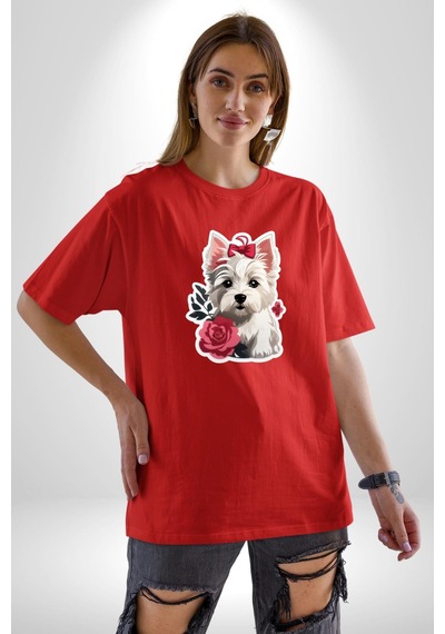 Beyaz Highland Teriyeri Kırmızı Gül Pamuklu Bisiklet Yaka Unisex Oversize Boyfriend Dijital Baskılı Kırmızı T-shirt Kırmızı