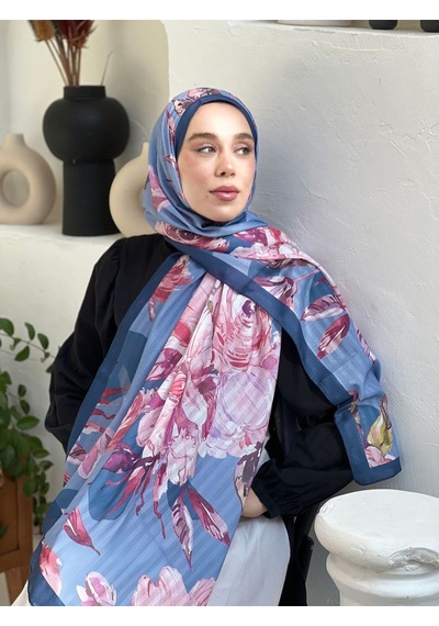 Moda Kaşmir Açelya Desen Çizgili Bambu Şal Lacivert-Mavi