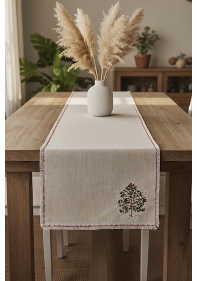 Rivaistanbul Çam Ağacı Nakışlı Hasır Görünümlü Kenarları Püsküllü Runner 40x115 Cm Çok Renkli