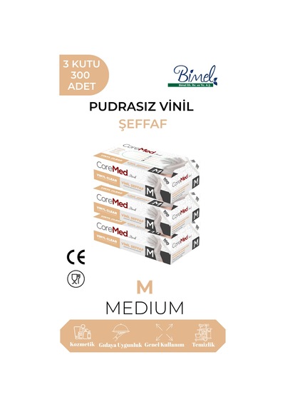 Vinil Şeffaf Pudrasız Muayene Eldiveni M - 3 Paket 100'lü