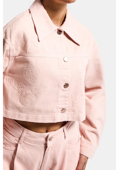 it's basic Kadın Pudra Renk 6s6-20 Crop Fit Çiçek Nakış Desenli Özel Tasarım Denim Ceket
