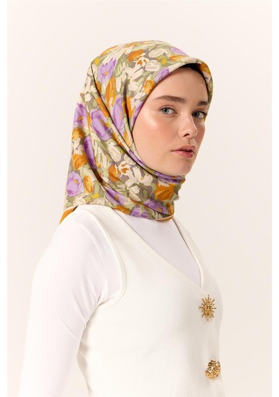 Silk Home Organik Pamuk İpek Eşarp Koyu Vizon Mor Çiçek Desenli Tok Duruşlu 90x90 Çok Renkli