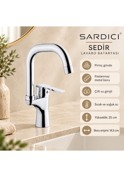 Sardıcı Sedir Lavabo Bataryası Krom Pirinç Gövde Çift Su Girişli Tam Takım