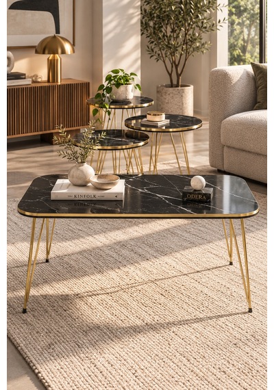 Odera Çift Bendir Siyah Mermer Desenli Orta Sehpa Ve Yuvarlak Zigon Sehpa 4'lü Set Tel Metal Ayaklı Retro Modern Salon Sehpası Diğer