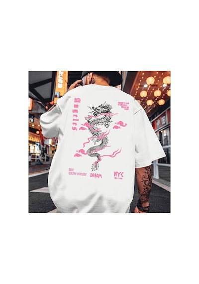 Caddemia Yaz  Moda Rahat Gevşek Pembe Ejderha Desen Baskılı Spor Yuvarlak Boyun Beyaz 2XL