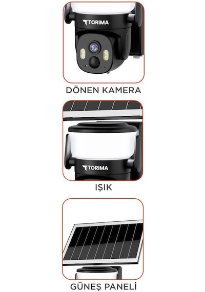 Torima Cmr30 Siyah Şarjlı Duvar Lambası Görünümlü Dış Mekan Kamerası Akıllı Ip Güneş Enerjili Kamera