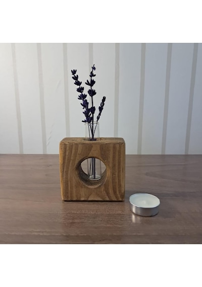 Rustik Ahşap Vazo Ve Mumluk Seti, El Yapımı Çam Ağacı, 9x9 Cm, Cam Tüp Ve Tealight Mum Dahil, Antik Meşe Ve Cevi Genel