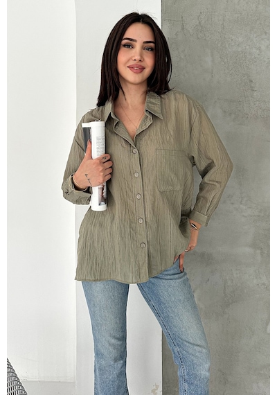Sim Detaylı Kırışık Görünüm Oversize Gömlek Breeze haki
