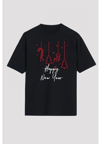 Efnaz Style Yılbaşı Happy New Year Baskılı Kısa Kollu Oversize Bisiklet Yaka T-shirt - Siyah