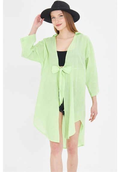 Armonika Kadın Neon Yeşil Önden Bağlamalı İnce Keten Kumaş Midi Boy Kimono Gömlek Arm-24y001081