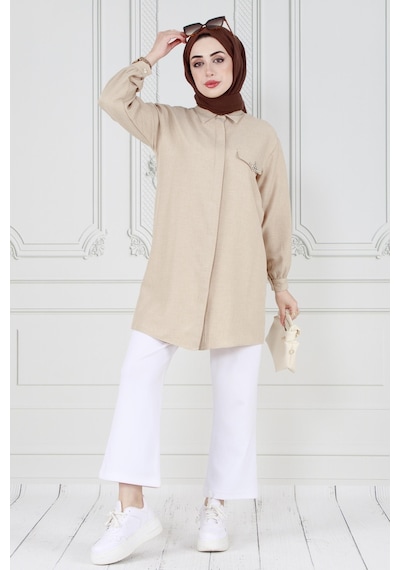 Sevitli Kapağı Taş Detaylı Tunik-bej-3570-bej Bej
