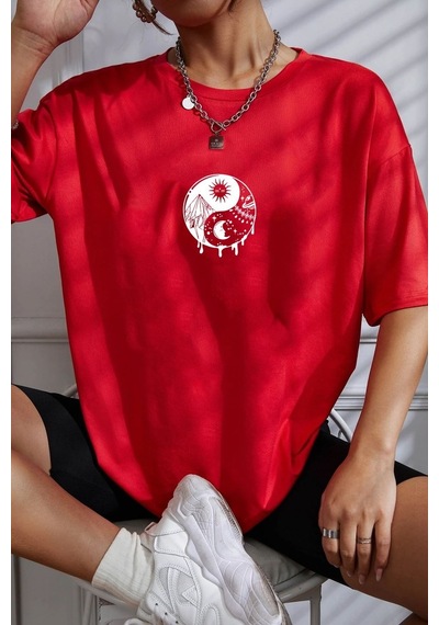 Unisex Yin & Yang Baskılı T-shirt Kırmızı