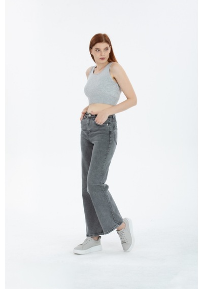 90's Kar Yıkama Kar Gri Likralı Süper Yüksek Bel Wide Leg Salaş Jeans Palazzo Pantolon Gri