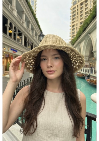 Mollycrush Kadın Yazlık Bej Renk Hasır Plaj Şapkası Bohem Tatil Aksesuarı Bej