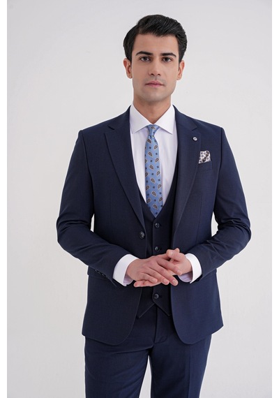 Efor Slim Fit Çift Yırtmaç Ekoseli Esnek Yünlü Yelekli Klasik Lacivert Takım Elbise Tk 934 Lacivert Efor Slim Fit Çift Yırtmaç Ekoseli Esnek Yünlü Yelekli Klasik Lacivert Takım Elbise Tk 934 Lacivert