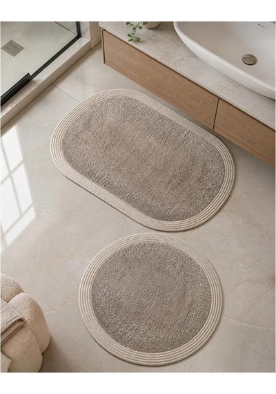 Kaymaz Taban Peluş Banyo Paspası Seti Kahverengi Rengi Jüt Kenar Detaylı 2'li Oval Yuvarlak 100x60 60x60 Kahverengi - Krem