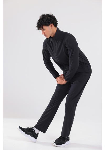 Rowinger Stretch Dokulu Dik Yakalı Fermuarlı Erkek Eşofman Takımı Siyah