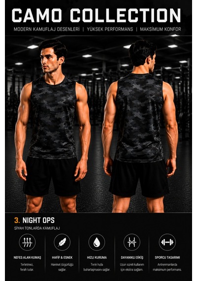 Beydex Erkek Nem Emici Hızlı Kuruma Camo Collection Sporcu Sıfır Kol T-shirt Gym Siyah
