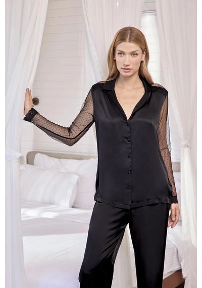 Aria's Closet Arias Closet Dantelli Ve Tüllü Uzun Kollu Önü Düğmeli Saten Pijama Takımı Siyah