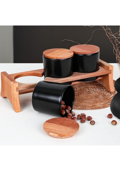 Keramika Mat Siyah Ege Ahşap Standlı Saklama Kabı 10 Cm 3 Parça