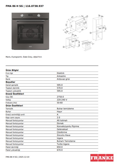 Franke FMA 86 H SG 71 L Ankastre Slate Fırın