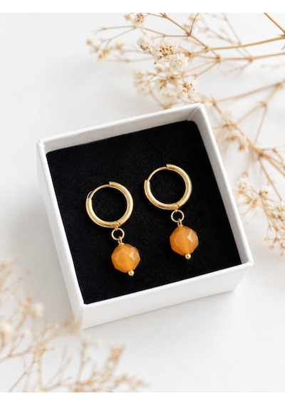 Cm Jewelry Turuncu Akik Taşlı Gold Halka Çelik Küpe