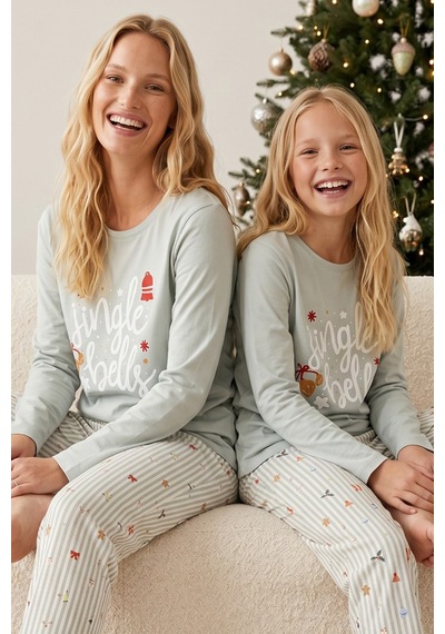 Siyah İnci Yılbaşı Temalı Pamuklu Likralı Örme Pijama Takım26241178 Yeşil
