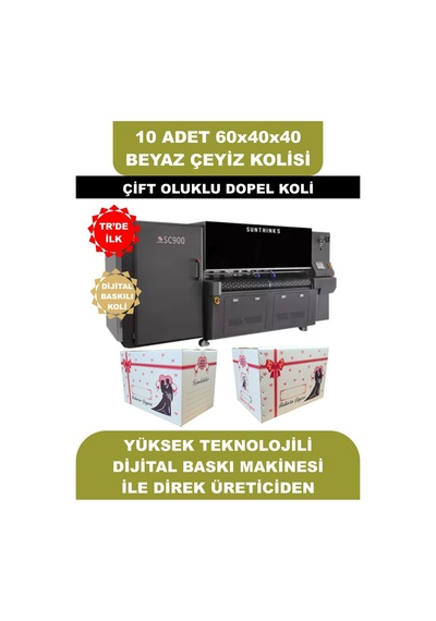 10 Adet 60x40x40 Gelin Damat Baskılı Beyaz Çeyiz Kolisi, İsim Yazma Alanı Renkli Baskı, Çift Oluklu