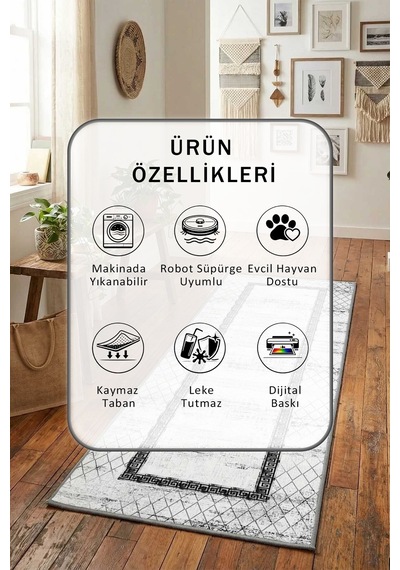 Ok-268 Siyah Beyaz Dijital Baskılı Kaymaz Yıkanabilir Yolluk Beyaz - Siyah