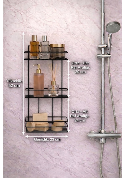 Sas Haus 3 Katlı Siyah Yapışkanlı Banyo Rafı, Şampuanlık Duş Düzenleyici, Paslanmaz Metal Banyo Duvar Askısı - TŞ-03